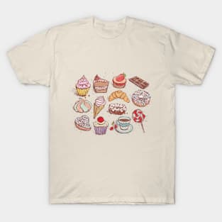 Hand drawn confectionery croissant Cupcake candy marshmallow ice cream cake donut and coffee. T-Shirt